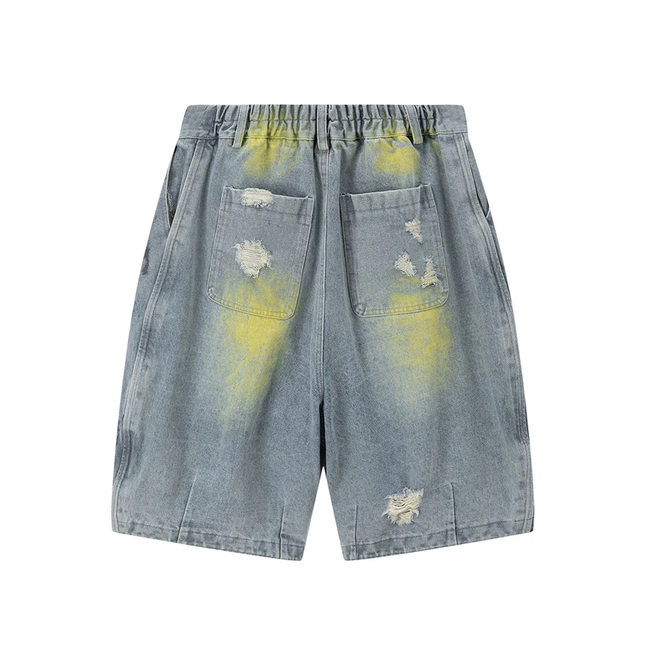 Ripped Hole Denim Shorts Mens Streetwear Hip Hop Y2k Knee Length Pants Vintage Graffiti Baggy Wide-leg Jeans Short Male