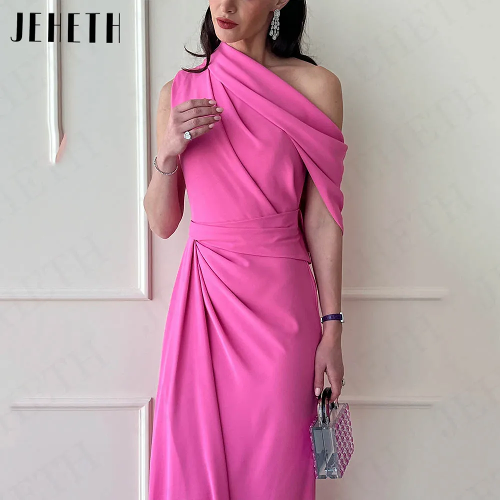 JEHETH One Shoulder Evening Dresses Woman Elegant Mermaid Split Formal Occasion Dress Stretchy Satin Pleats Fuchsia فساتين سهرة