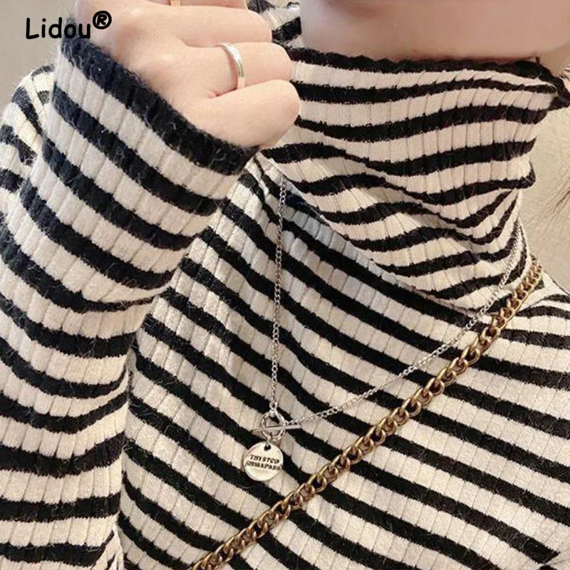 Autumn Winter Striped Turtleneck Knitted sweaters for women 2022 new long sleeve top Women sweater All-match bottoming shirt