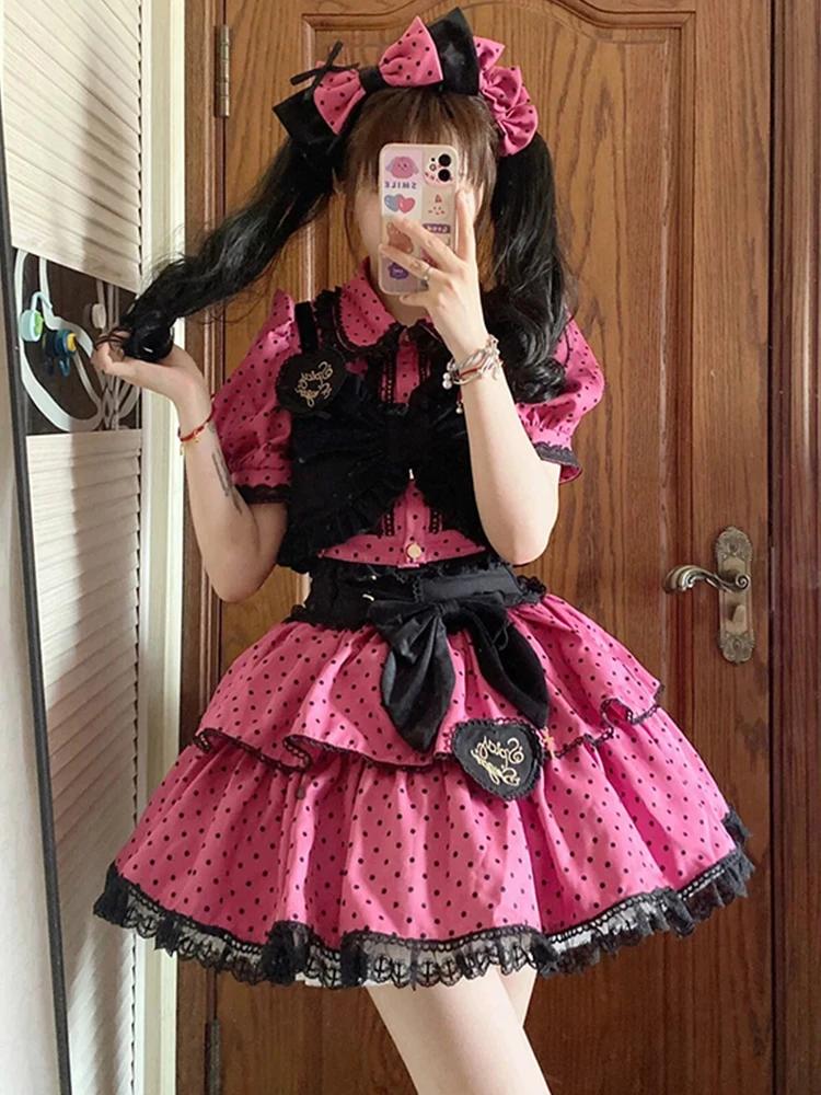 

Pink Polka Dot Spicy Girl Lolita Two-tier Cake Skirt Set Women's Dress Commute Style High Waist Knot Short Sleeve