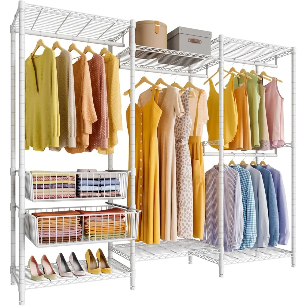 Medium Wire Garment Rack Heavy Duty Clothes Rack, Freestanding Closet Wardrobe Metal Clothing Rack with 2 Slid Baskets