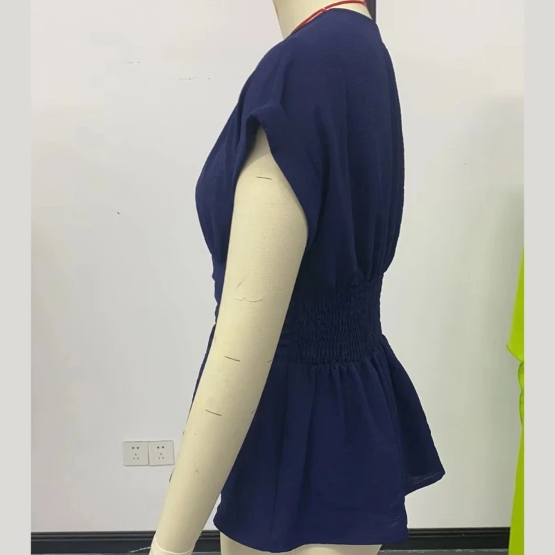 Elegant Wrap V Neck Blouse for Women Short Sleeve Shirred Ruffle Peplum Top