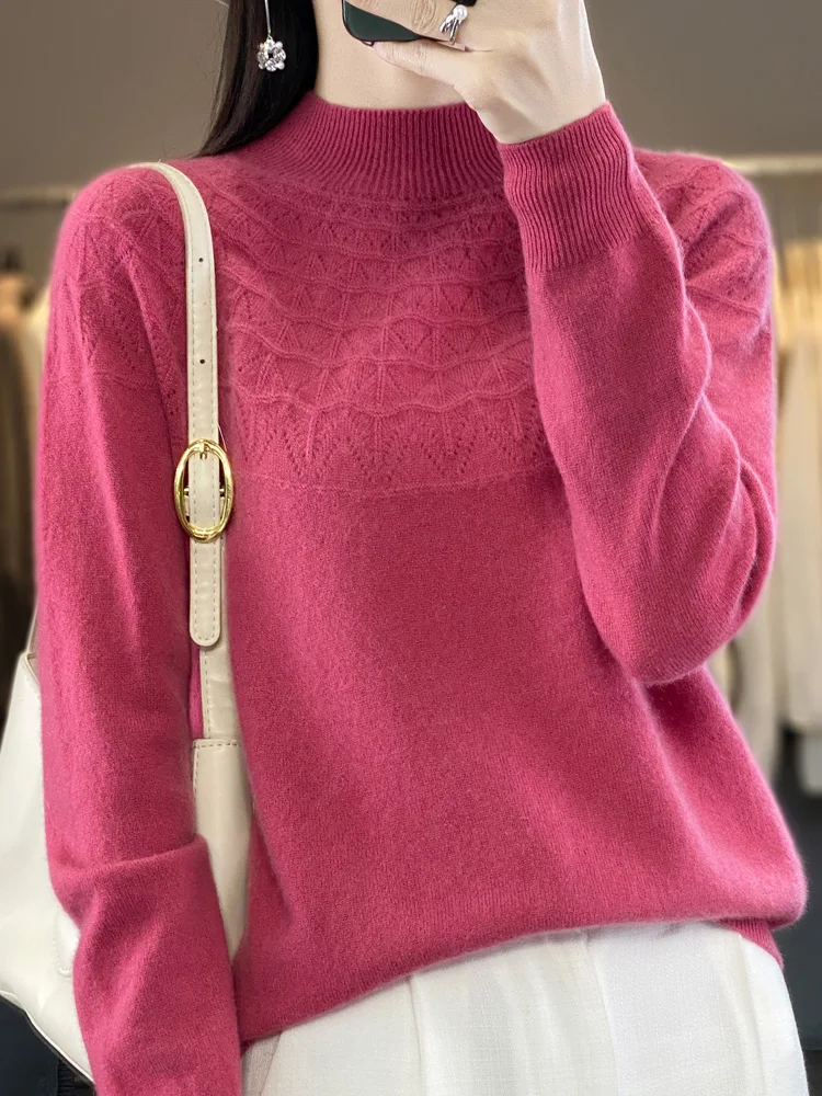 New Fashion Spring Long Sleeve Women Knitted Sweater 100% Merino Wool Mock Neck Pullover Clothing Knitwear Basic Jumper Tops