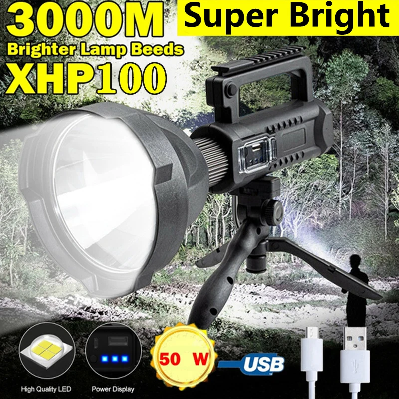 Portable Powerful LED Flashlight Mountable Bracket Handheld Searchlight USB Rechargeable Spotlight Waterproof Torch Light