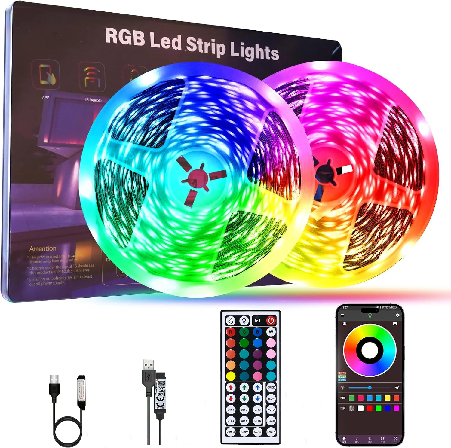 Taśmy LED 18D Sterowane Aplikacją Smart, Bluetooth, Taśma LED Synchronizująca się z Muzyką, Zmieniająca Kolory, Oświetlenie do Sypialni, Domu D