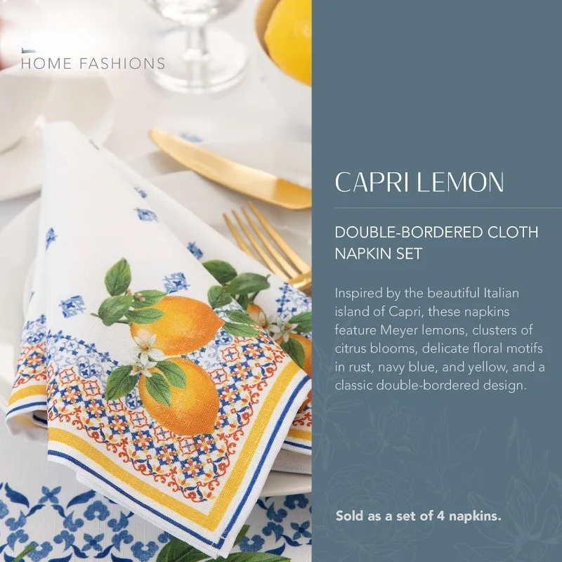 Home Fashions Capri Lemon Double-Bordered Mediterranean Spring/Summer Cloth Napkins, 17 Inches by 17 Inches, Set of 4