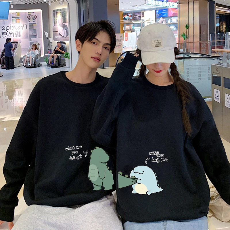 Cute Monster Dinosaur Print Matching Round Neck Couple Friend Hoodies Sweatshirts For Girlfriend Boyfriend Autumn Winter Custom