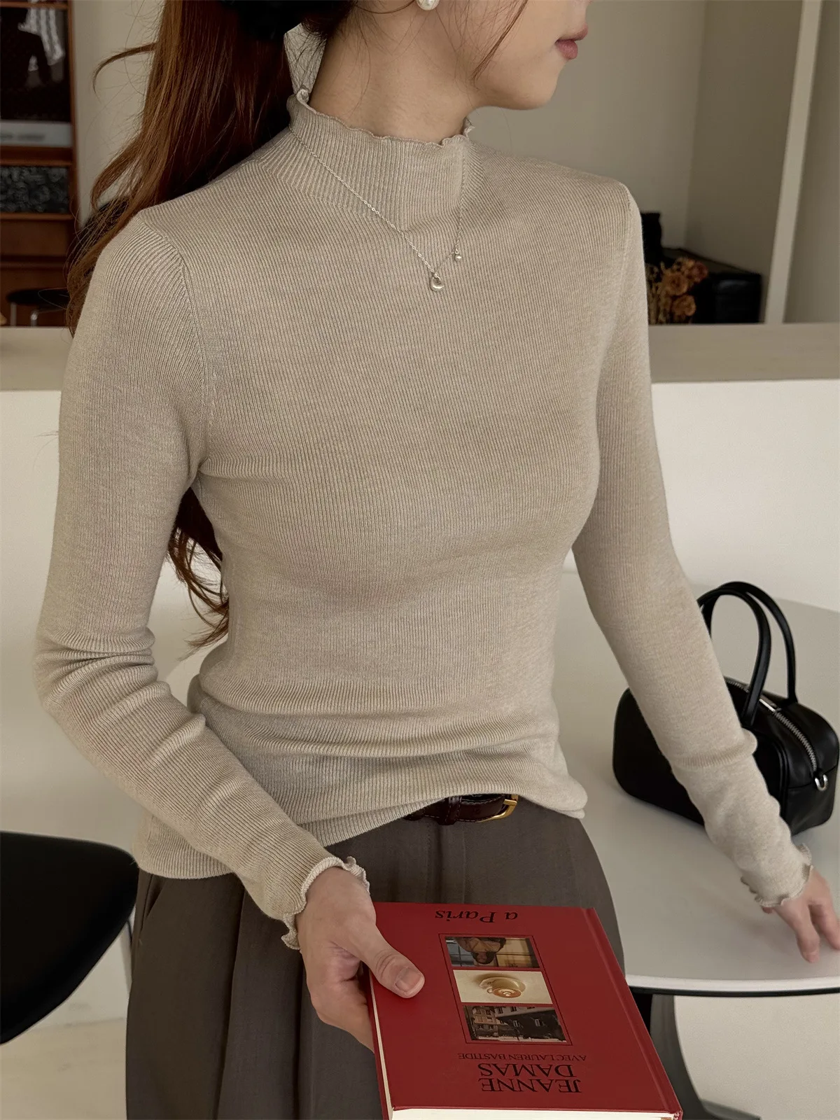 Sweter damski Dongda Gate, wielokolorowy, dzianinowy, wełniany, dopasowany, długi rękaw, stójka, do noszenia pod spód, prosty, elegancki.