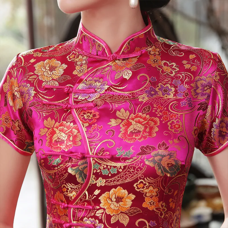 

Cheongsam Women's Summer Dress Vintage Button Down Qipao Lady Elegant Brocade Satin Vestidos Oriental Bride Wedding Dresses