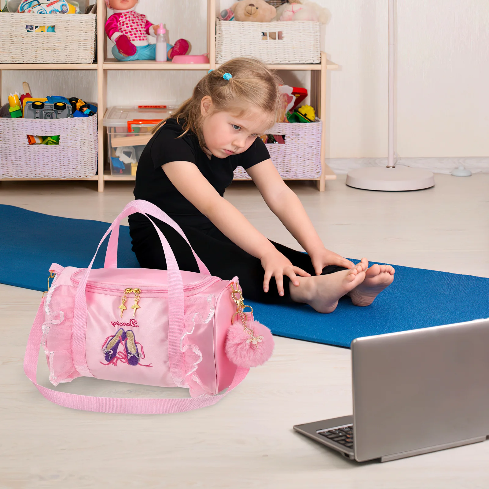 

Deep Pink Dance Bag Ballet Shoes Embroidery Mesh Lace Tote Shoulder Large Capacity Gymnastics Bag Keychains Pompom