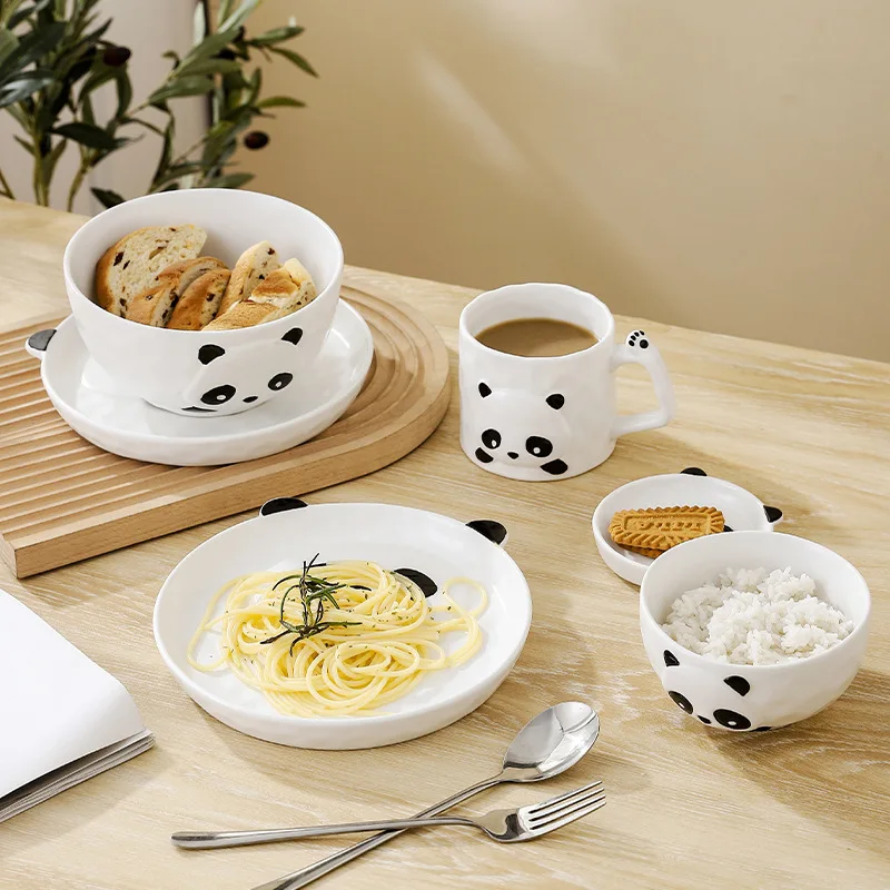 Ceramic Bowl with Handle, Water Cup, Double Ear Bowl, Creative Panda Pattern, Tableware Tray, Steak Plate, Small Sauce Dish