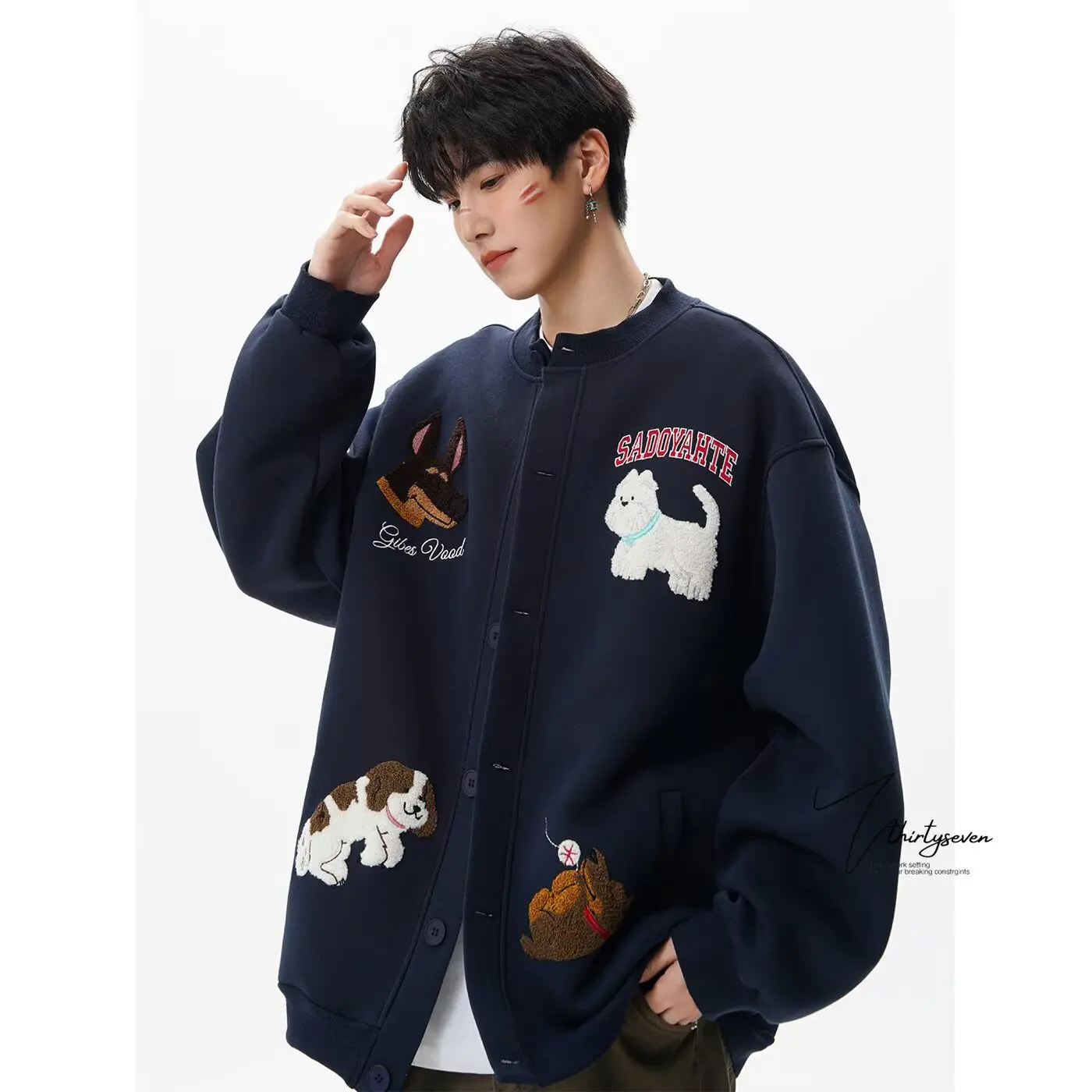 Men's Embroidered Baseball Jacket Unisex Loose Fit Sweatshirt Harajuku Streetwear Casual Autumn Cute Puppy Zip Up Jacket