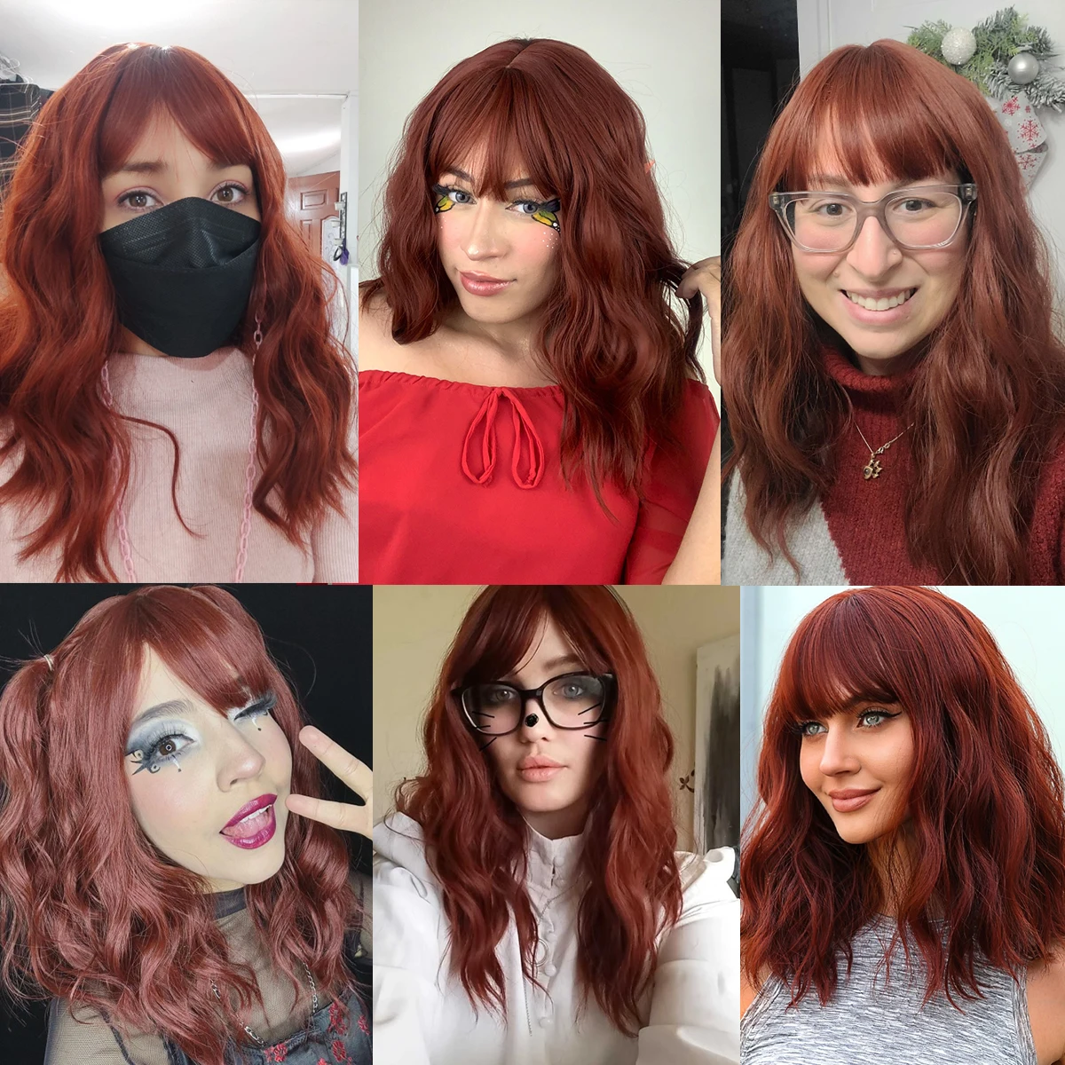 EASIHAIR Red Brown Short Bob Synthetic Wigs Women\'s Short Wavy Cute Cosplay Natural Hair Wigs with Bangs Heat Resistant Wig