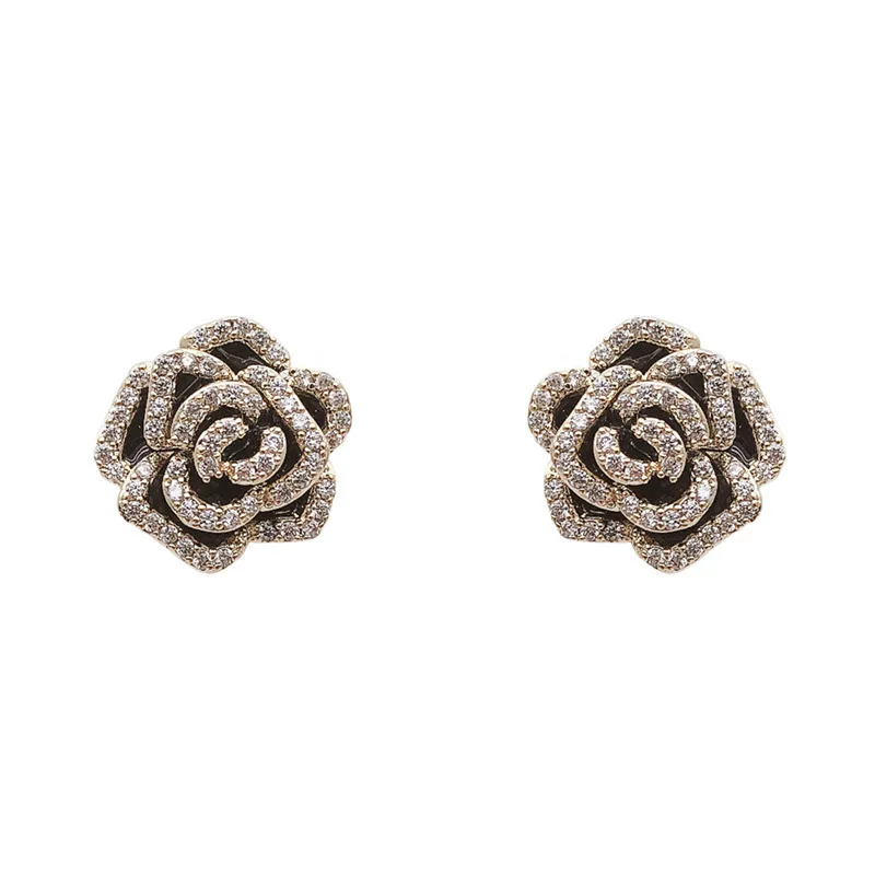 Vintage Shiny Rhinestone Rose Flower Earrings For Women Sweet Rose Stud Earring Bridal Wedding Party Jewelry Gifts