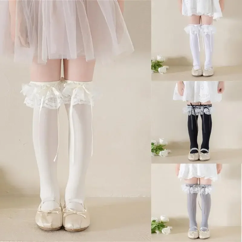 

1 пара дышащих школьных носков для девочек, украшенные лентами, дизайнерские носки длиной до колена, мягкие удобные тканевые