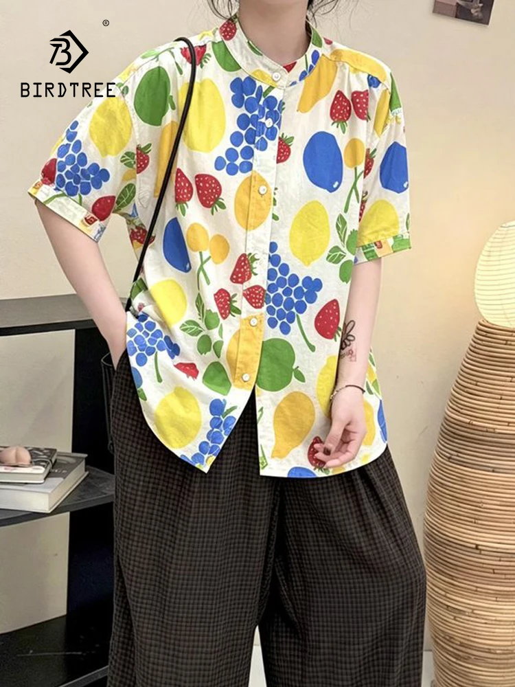 

New 2026 Summer Women Cotton Short Sleeve Shirt,Turn-down Collar Cartoon Print, Mori Girl Sweet Chic Thin Loose Blouse T65821CC