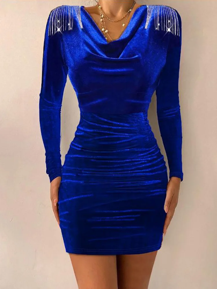 2025 New Year Lady Club Elegant Solid Dress V Neck Patchwork Chain Mini Casual Dress Chic Women Autumn Winter Streetwear Dress