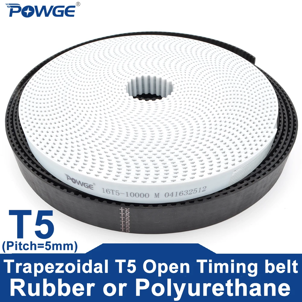 POWGE Trapezoidal PU T5 Open Timing belt width 6/10/15/16/20/25/30/35/40/50mm Rubber Fiberglass Polyurethane steel T5 Pulley