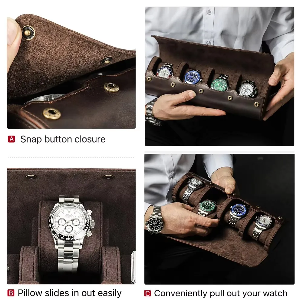 Vintage Genuine Leather Watch Case Box Men Watches Travel Portable Wristwatch Roll Case HolderHandmade Storage Organizer Box