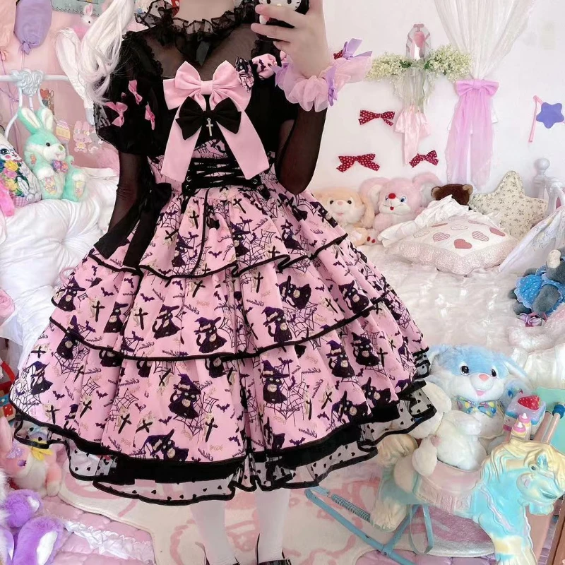 Victoriaanse Zoete Zwarte Roze Lolita Jurk Vrouwen Kawaii Elegante Luxe Y2k Chic Retro Gothic Jurken Meisjes Heks Patroon Midi Jurk