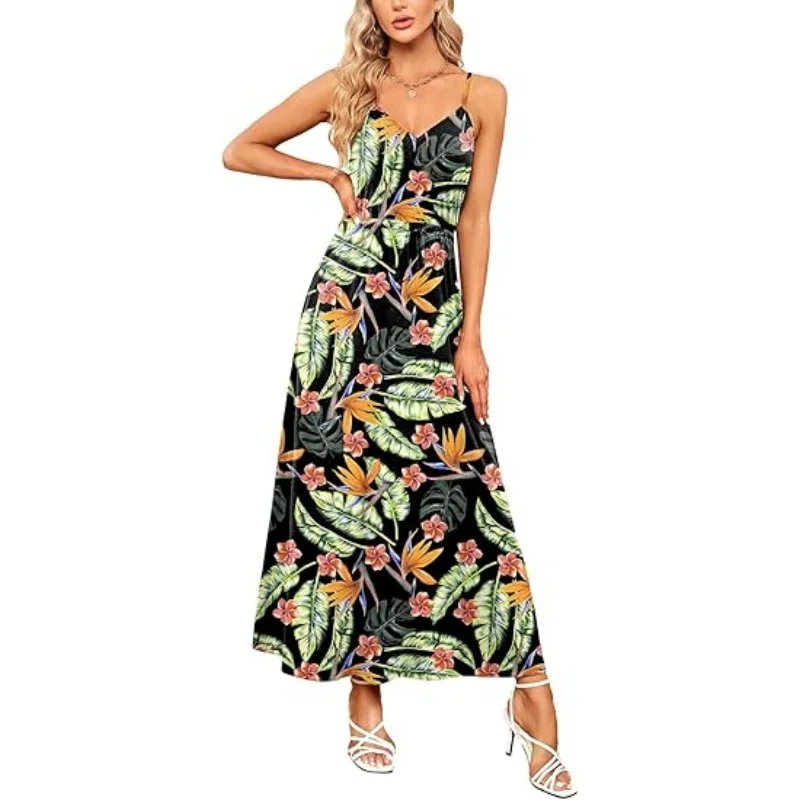 

Women's Casual Summer Sleeveless V-Neck Spaghetti Strap Pockets Beach Bohemian Resort Casual Spring Maxi Dress