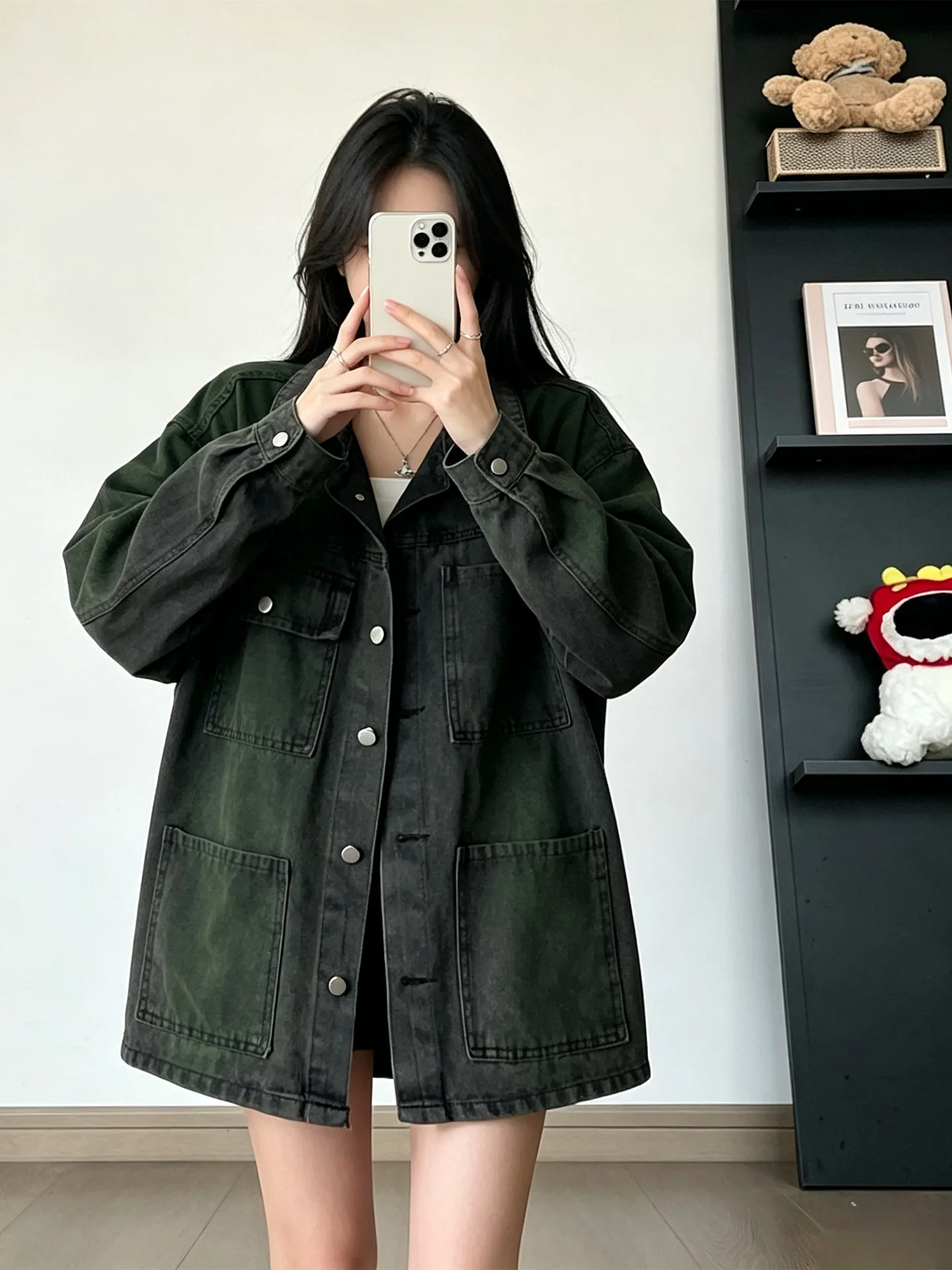 SuperAen American-style Retro Army Green Denim Jacket for Women 2026 Autumn New Loose Safari Style Washed Distressed Blazer Tops
