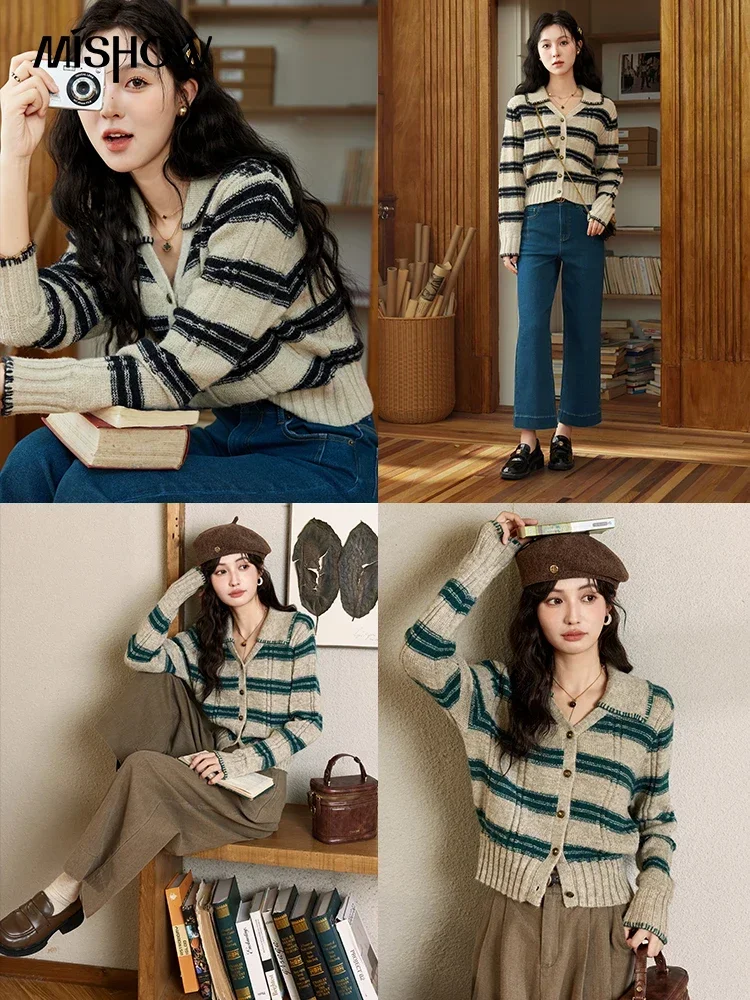 MISHOW Sweater Knitwear Women Contrast Stripe Lapel V-Neck Tops 2024 Bronze Button Single Breasted Casual Sweaters MXD41Z0709