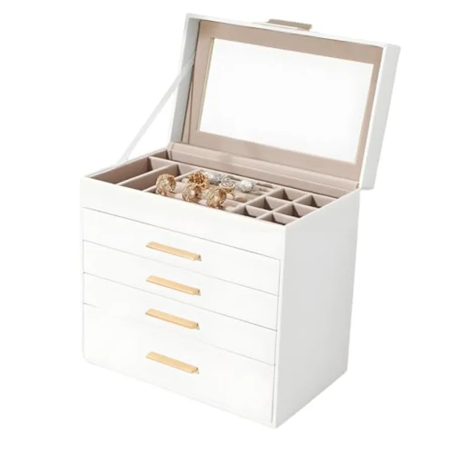

5 Layer Jewelry Box for Women Glass Lid Jewelry Organizer with 5 Drawers for Necklaces Rings Earrings Bracelets - White Pearl W