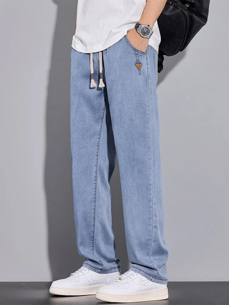 

Мужские летние джинсы из ледяного шелка свободного кроя с эластичным поясом, тонкие, прямые, повседневные брюки для молодежи