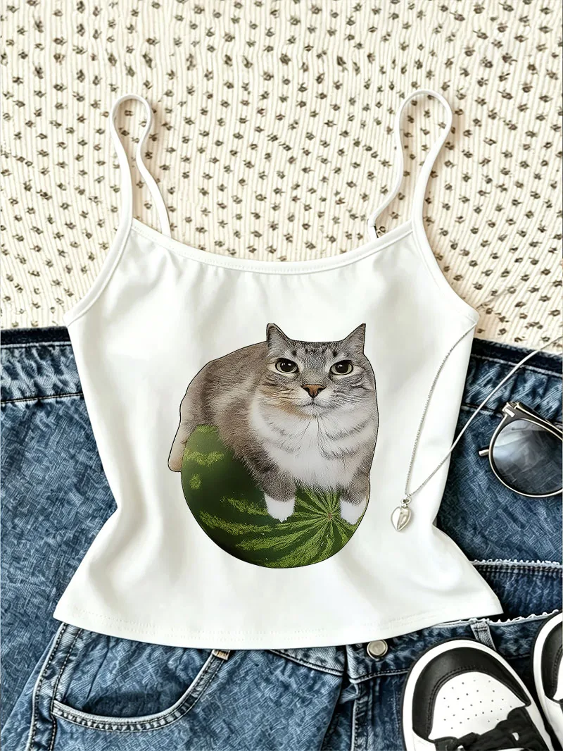 Crop Funny Watermelon Cat Meme Print Camisole Top Retro Casual Crop Top Vest Spring Summer 90s Women'S Tank Top