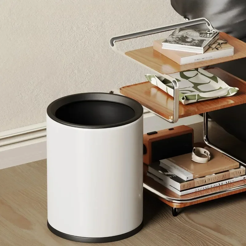 Stainless Steel Trash Can Simple Round Waste Bin Modern Decorative Hiding Garbage Container For Living Room Bedroom Office