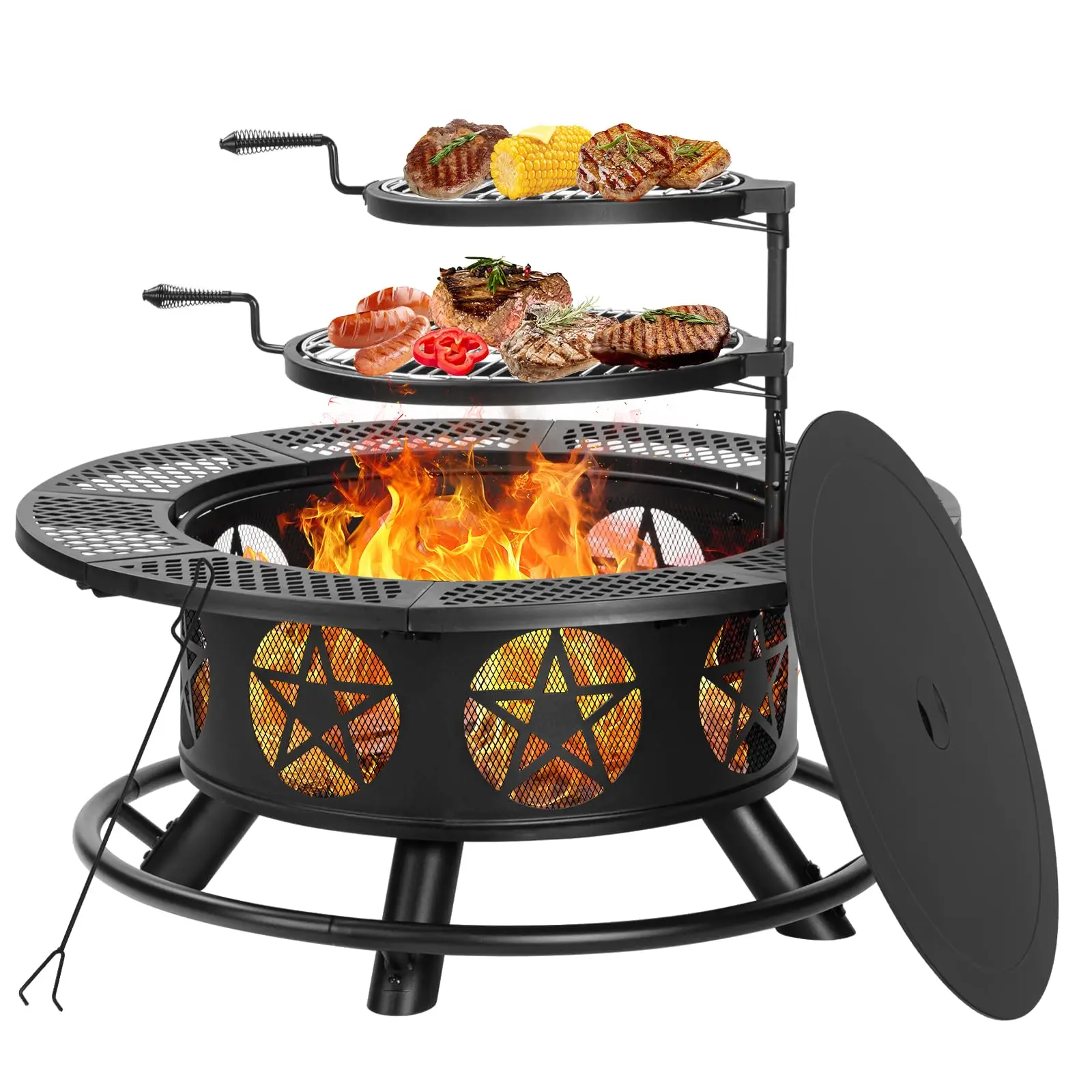 42 Inch Outdoor Fire Pits with 2 Grills, Lid & Poker