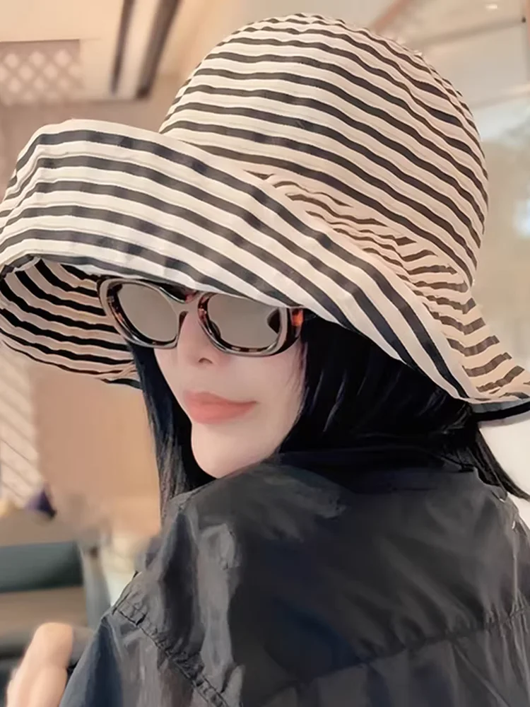 collaborative-stripe-sun-protection-hat-women's-summer-beach-vaion-fierman-hat-breathable-foldable-upf50