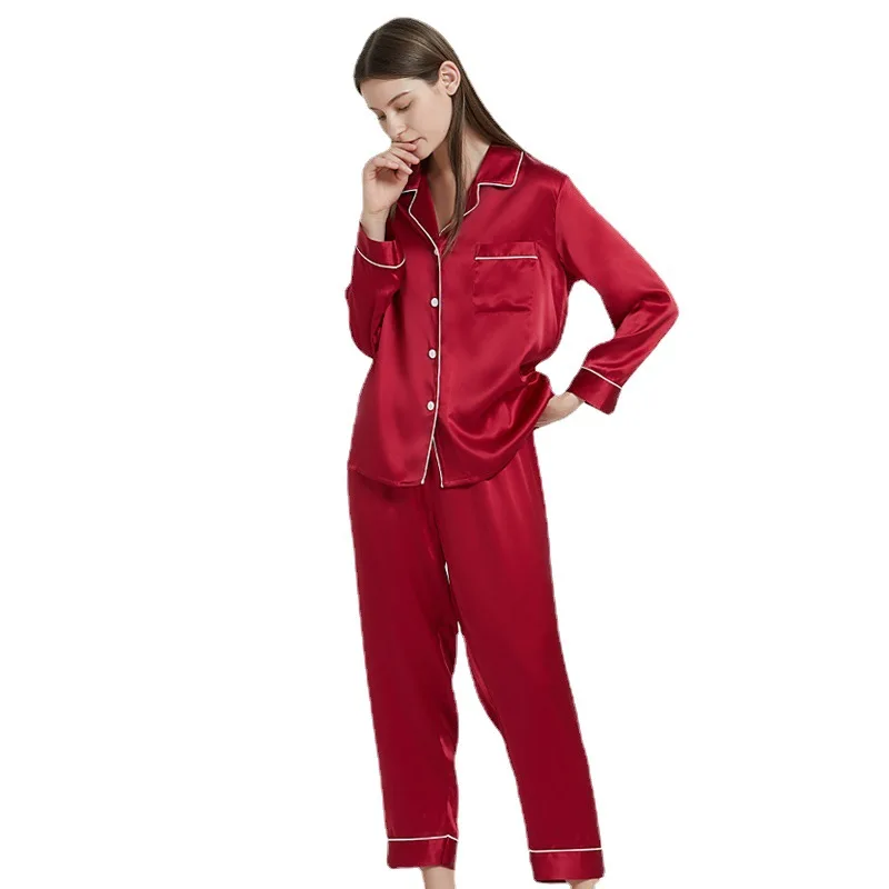 

2024 New Silk pajamas suit 100% mulberry silk simple high-end home wear long sleeve trousers ladies two-piece set