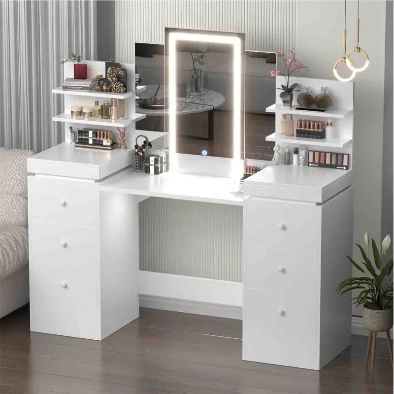 

57.1" W Vanity Makeup Table with Lighted Mirror Tri-Folding , 8 Drawers, 3 Light Modes, Open Storage Shelves, V