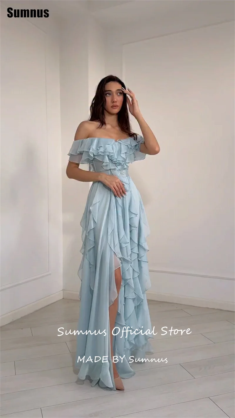Sumnus Flowy Sky Blue Evening Dresses Off Shoulder Chiffon High/Low Maxi Ruffle Prom Dresseses Women 2026 Party Dress Customized