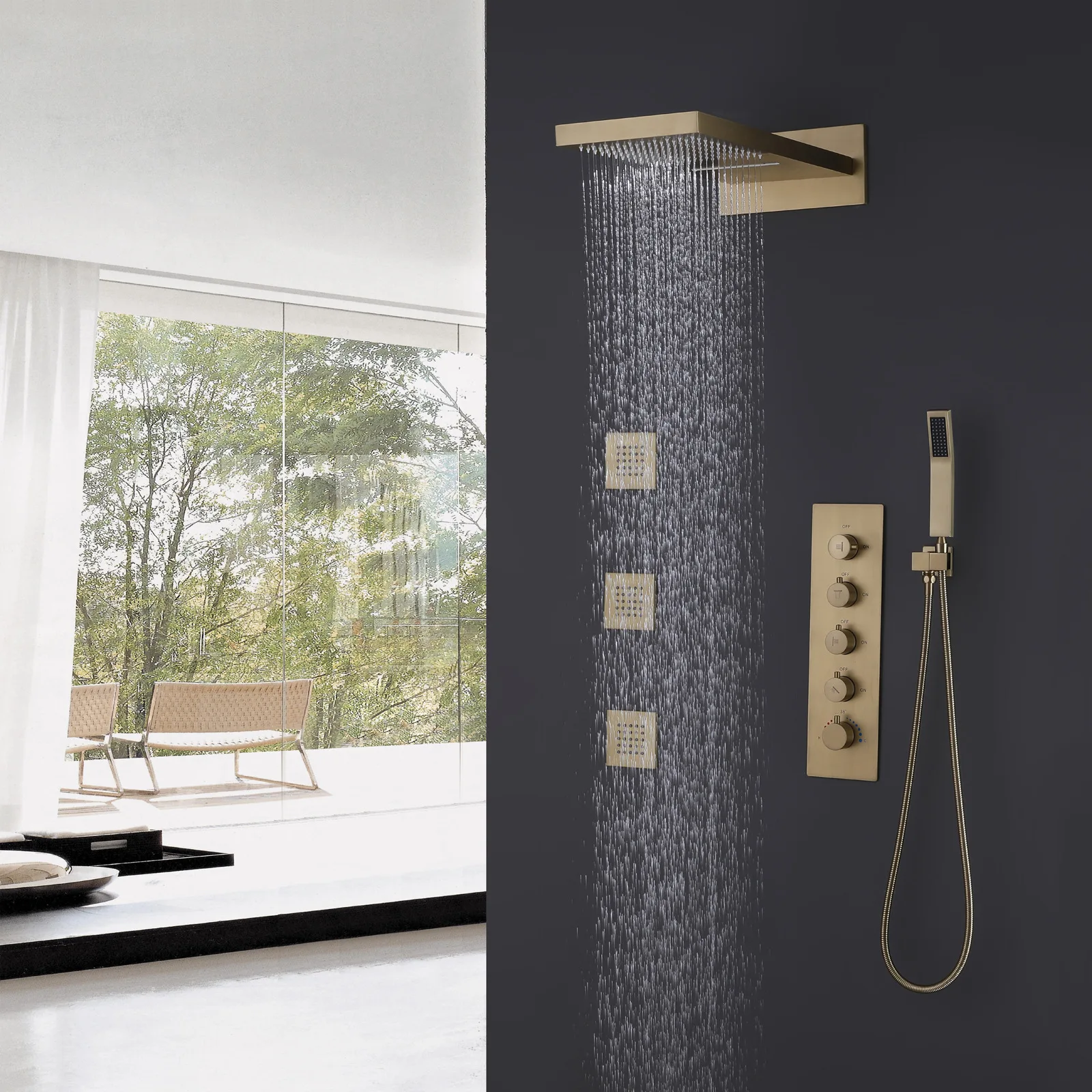 

Gold hidden copper thermostatic shower head with embedded family hotel bathroom waterfall shower system