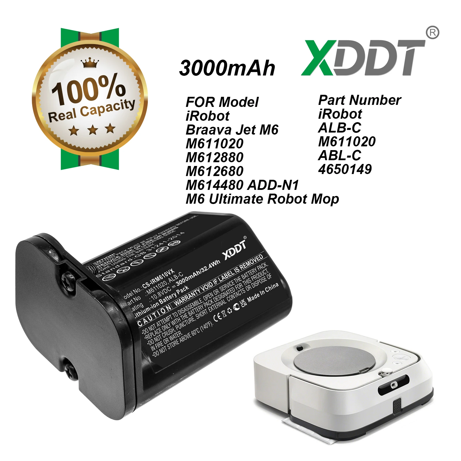 

Аккумулятор 3000 мАч ALB-C M611020 ABL-C 4650149 для Braava Jet M6 M612880 M612680 M614480 M6 Ultimate Robot Mop ADD-N1