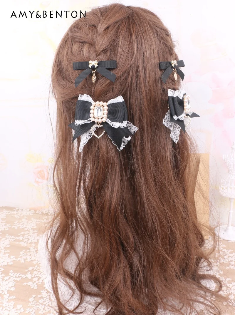 Handmade Japanese Sweet Mine Mass-Produced Hair Accessories Kawaii Lace Bow Rhinestone Beaded Lace Stitching Lolita Hair Clip