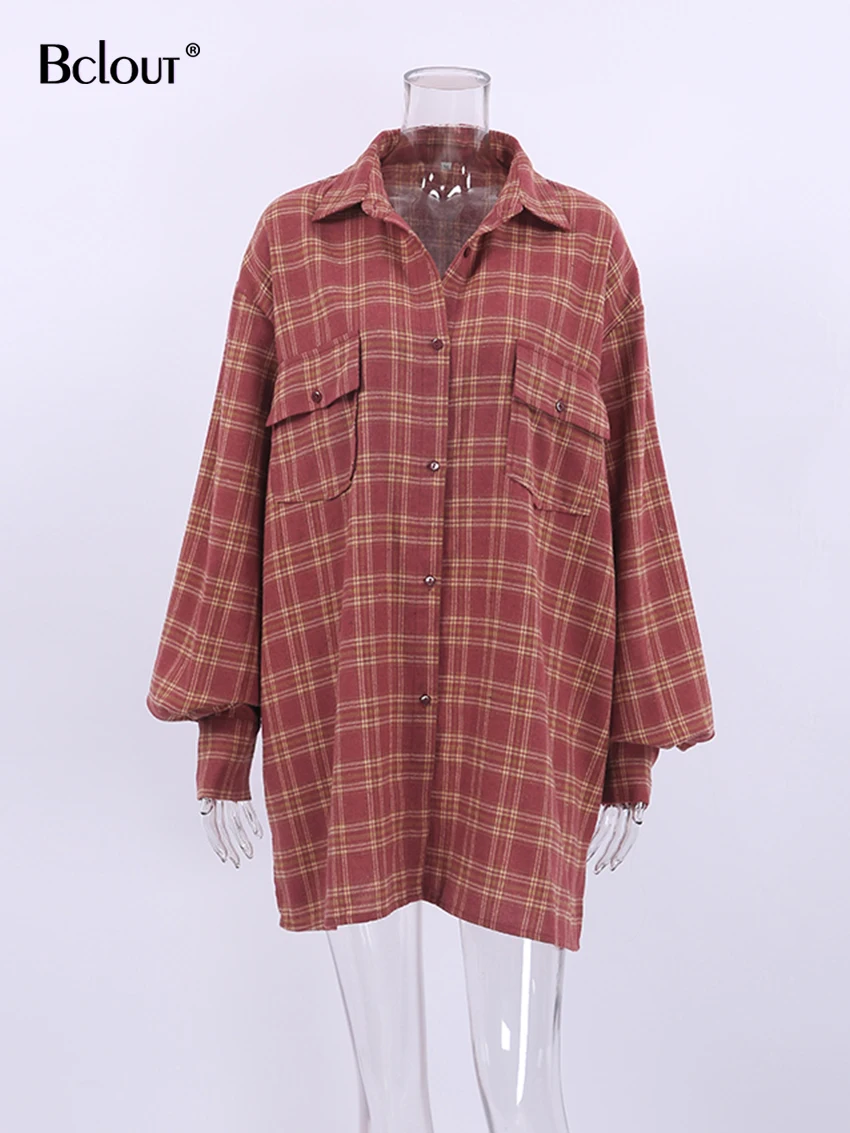 Bclout Street Red Plaid Loose Blouses Women 2024 Vintage Long Sleeve Office Lady Shirts Fashion Streetwear Cotton Blouses Femal