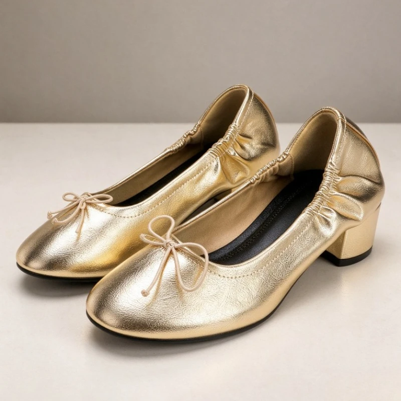 Ballet-Style Soft Leather Chunky-Heel Women's Pumps Bow Detail Ruched Round-Toe Mary Janes Comfort Dress High Heels for Ladies