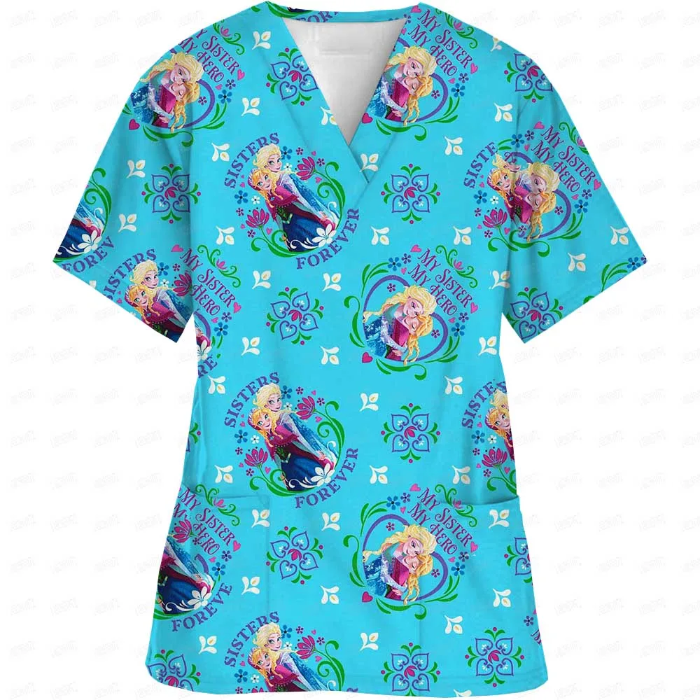 Disney Princess Print nurse uniform dental clinic V-neck surgical gown Snow White pet hospital work clothes women's short-sleeve