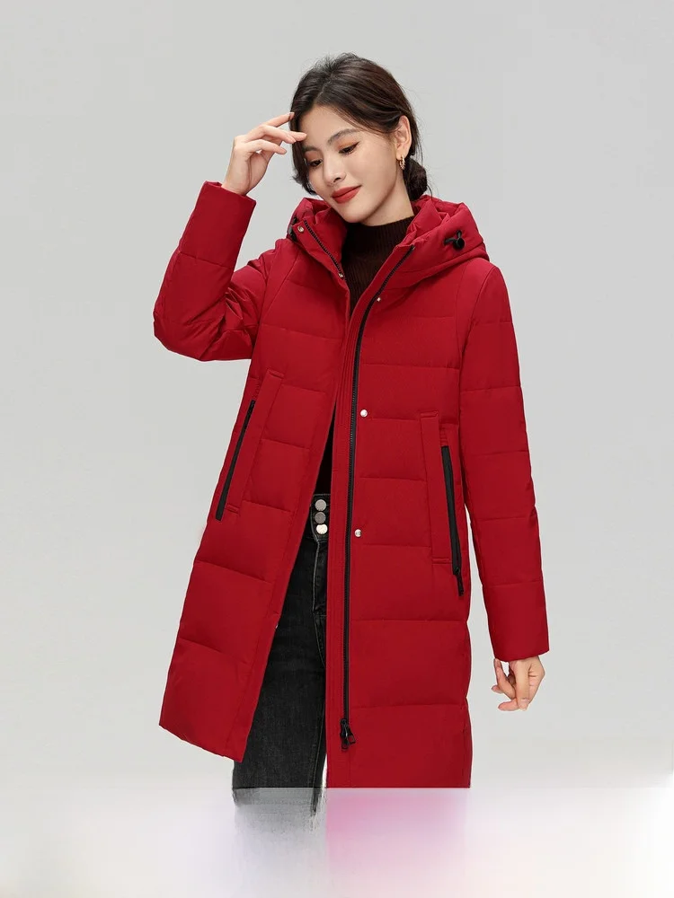 

Snowy Flight 2026 Summer New Women's Mom Hooded down Jacket Simple Elegance Slimming Windproof Warm Mid-Length Padded Coat