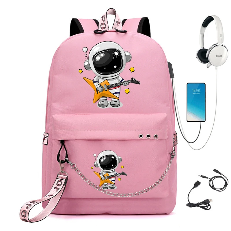 Mochila escolar de dibujos animados con guitarra para niñas, bolsa de libros Usb, viaje, astronauta, nueva moda