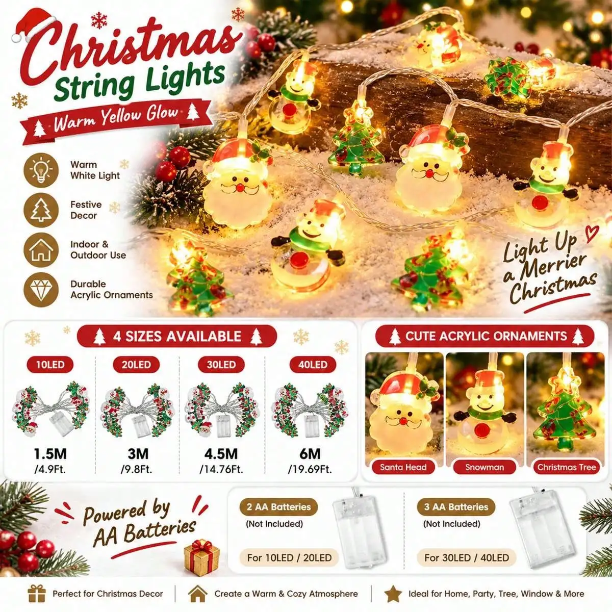 1pc 10/20/40LED Santa Claus Christmas Tree Snowman String Lights Battery Powered Hanging Lamp For New Year Home Christmas Decor