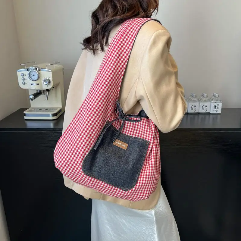

Korean Trendy Plaid Shoulder Bag Casual Canvas Tote Large Capacity Creative Simple Design For Women Girls Fashion Gift