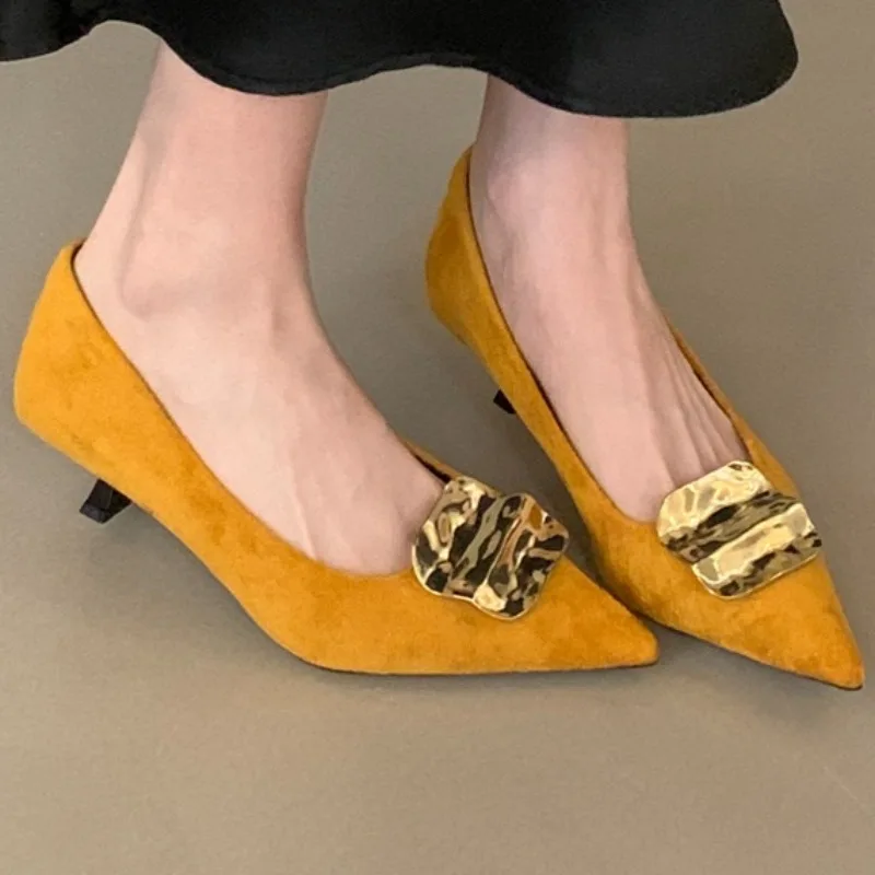 

Metal Temperament All-match Shallow Mouth High Heels Women 2025 New Spring Sexy French Black Suede Women's Sandals 35--41