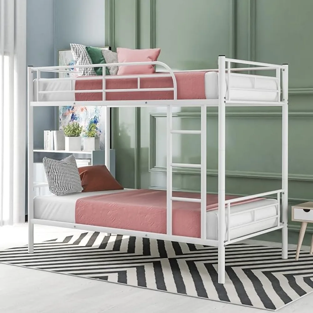 Metal Twin Size Bunk Beds, Twin Over Twin Beds Frame with Stairs, Guardrail, Can be Divided into Two Bed