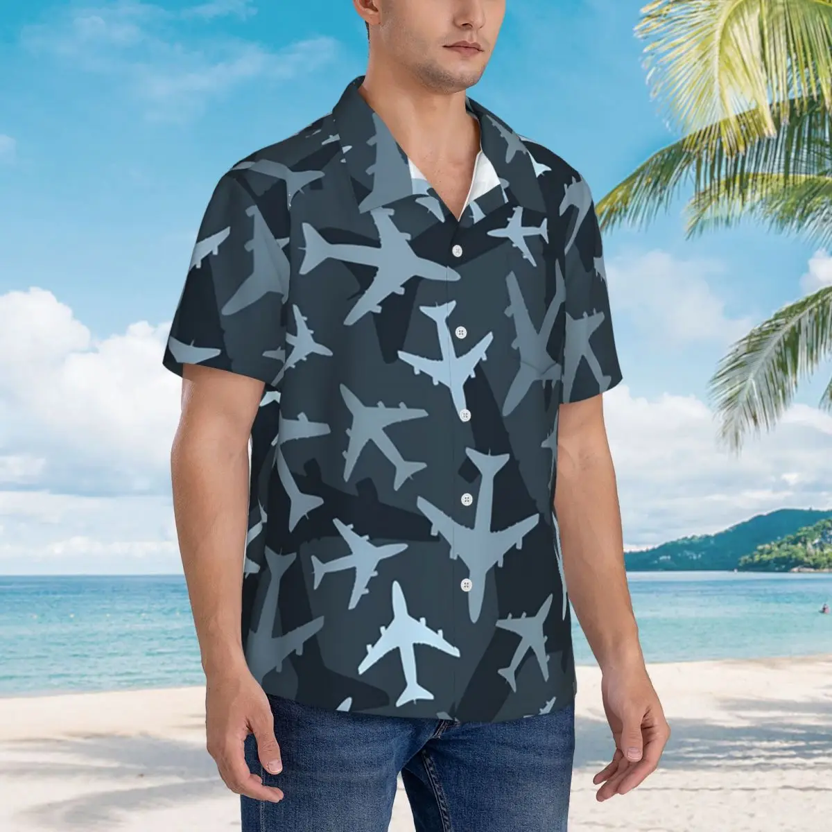 

Гавайские рубашки с узором «Авиационный истребитель» 2, забавные мужские рубашки с короткими рукавами для лета, пляжа, мужские топы с лацканами