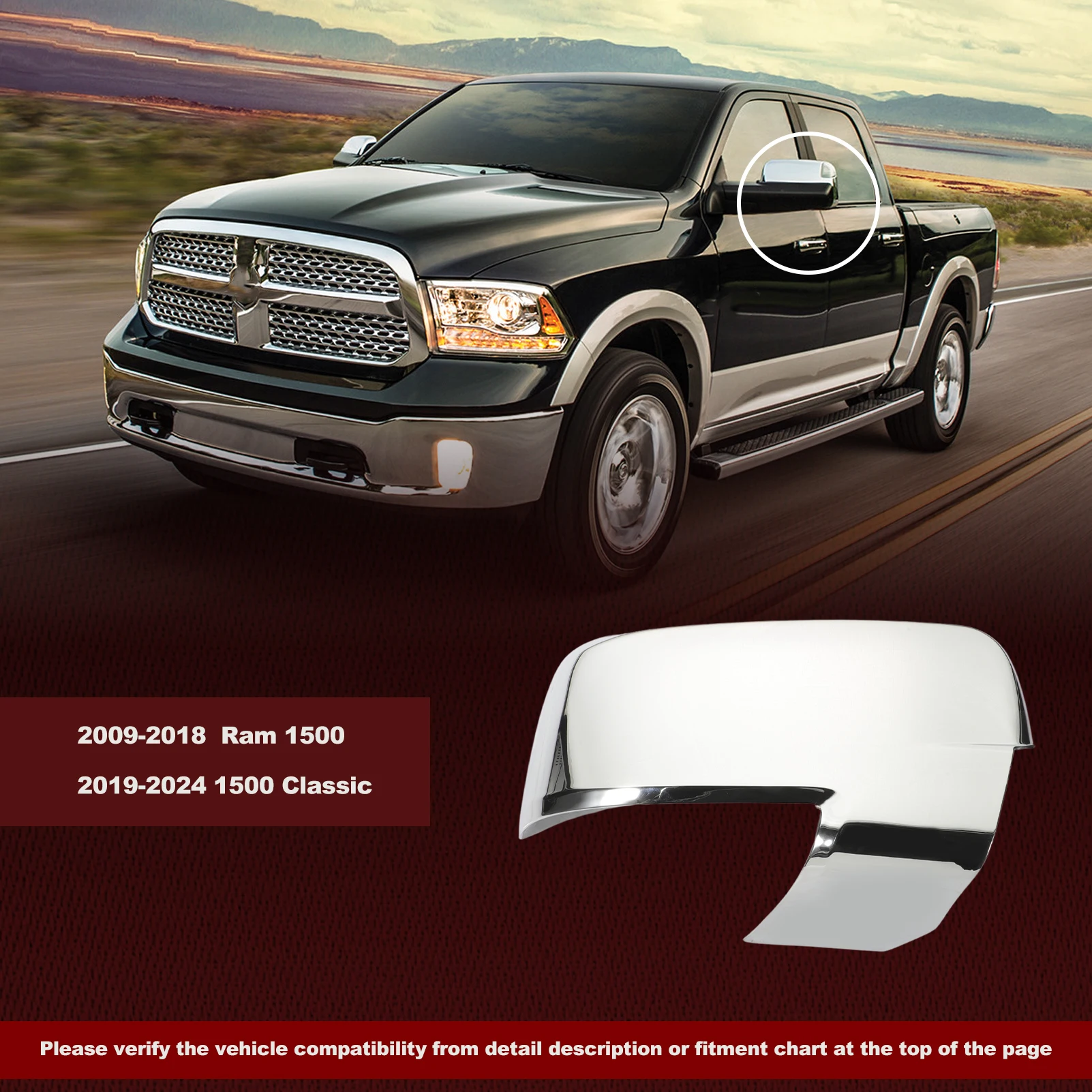 

2Mirror Cover Caps Top Half Left & Right For Ram 1500 2009-2018 Ram 1500 Classic 2019-2024 Chrome Plated W/ Turn Signal Cut-Outs